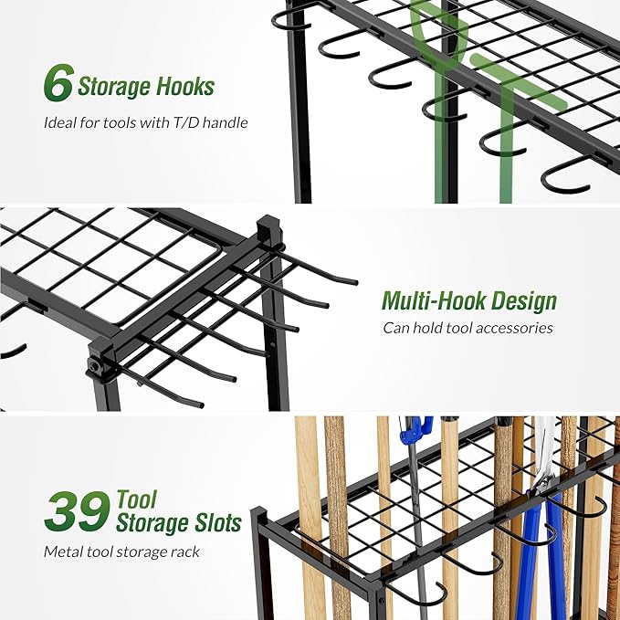 Garden Tool Organizer with Wheels, Yard Tool Rack for Garage Organization and Storage, Heavy Duty Steel Tool Holder with Hooks, Garden Tool Stand for Shed, Basement, Outdoor, Black