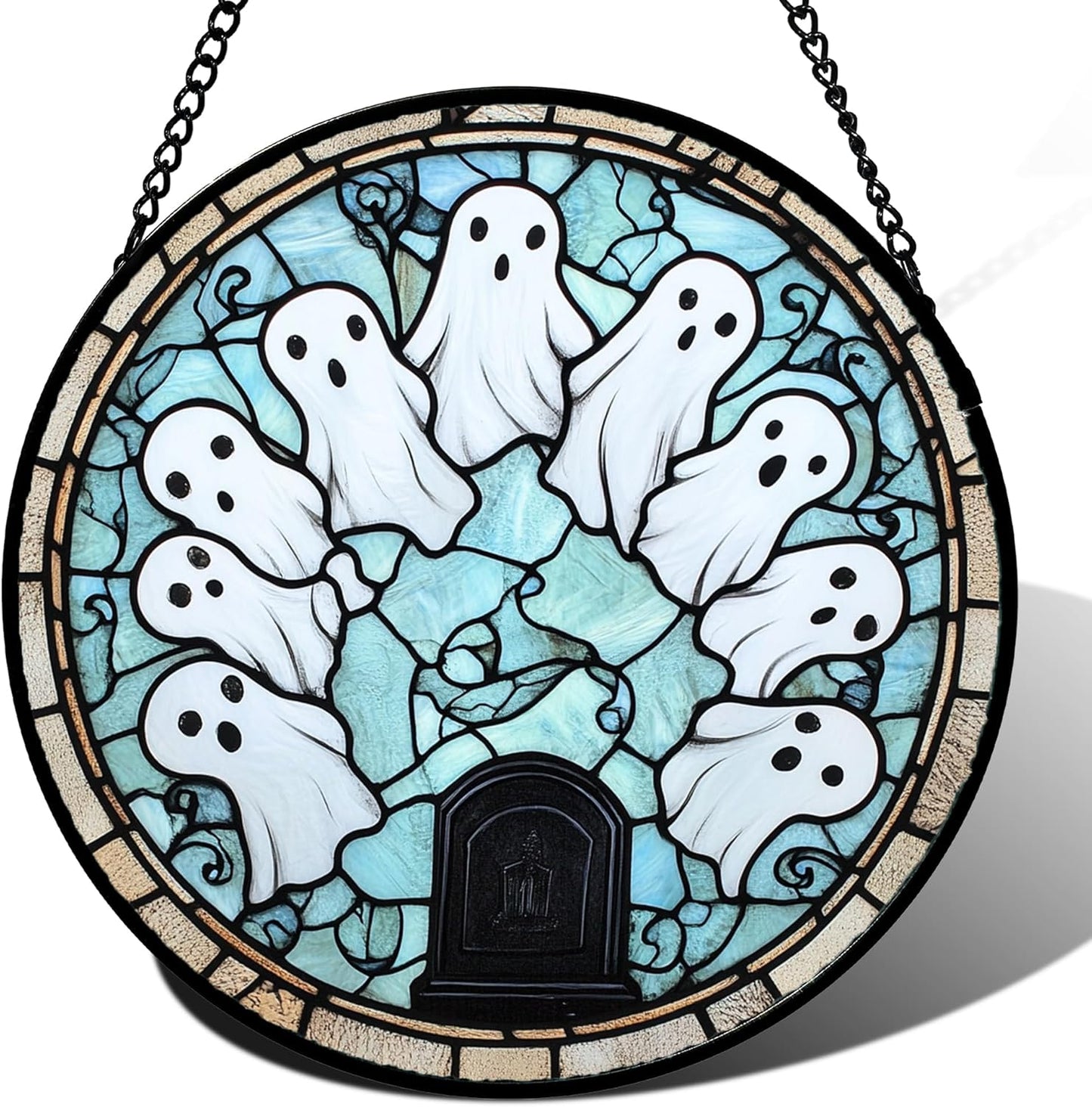 Stained Glass Window Hanging - Halloween Decorations Ghosts Tombstones Suncatcher for Doors Garden Indoor Spooky Funny Sun Catchers Gothic Decor Horror Gifts for Women Men Friend 11.8 in