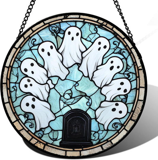 Stained Glass Window Hanging - Halloween Decorations Ghosts Tombstones Suncatcher for Doors Garden Indoor Spooky Funny Sun Catchers Gothic Decor Horror Gifts for Women Men Friend 15 in