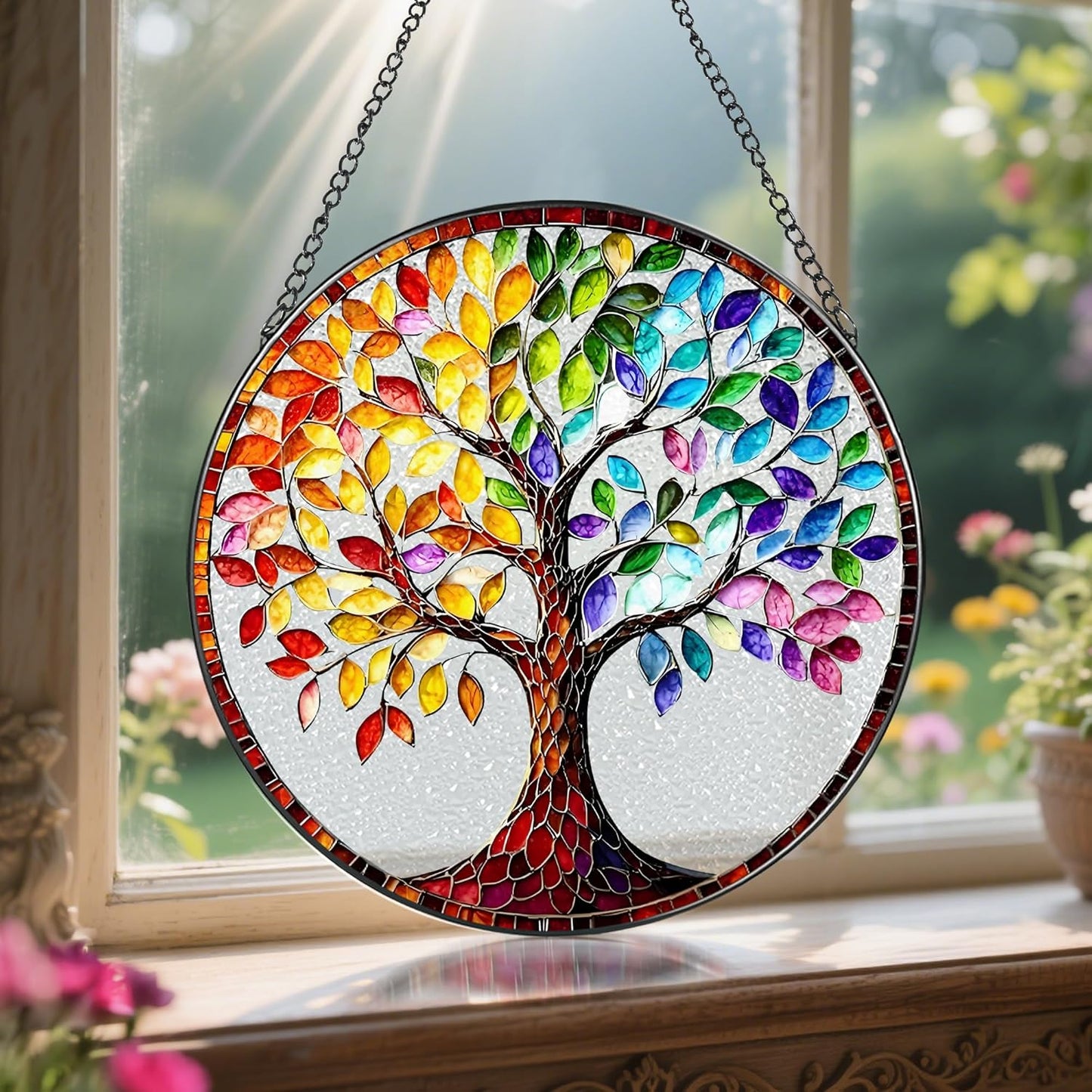 8'' Tree of Life Sun Catcher Ornament, Stained Glass Window Hanging, Suncatchers for Windows Hanging Ornaments, Window Decor | Housewarming Gift, Gifts for Mom & Grandma