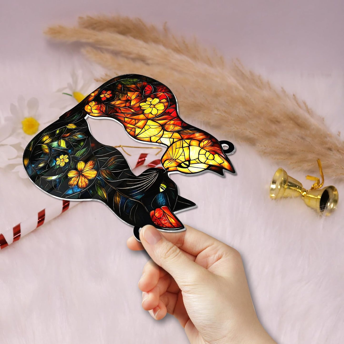 Cat Suncatcher – Acrylic Window Hanging of Two Cats in Love, Romantic Floral Cats Decor, Gift for Cat Lovers, Mom, Couple, Anniversary, Black Orange Cat's, Home Decoration (Sun-31)