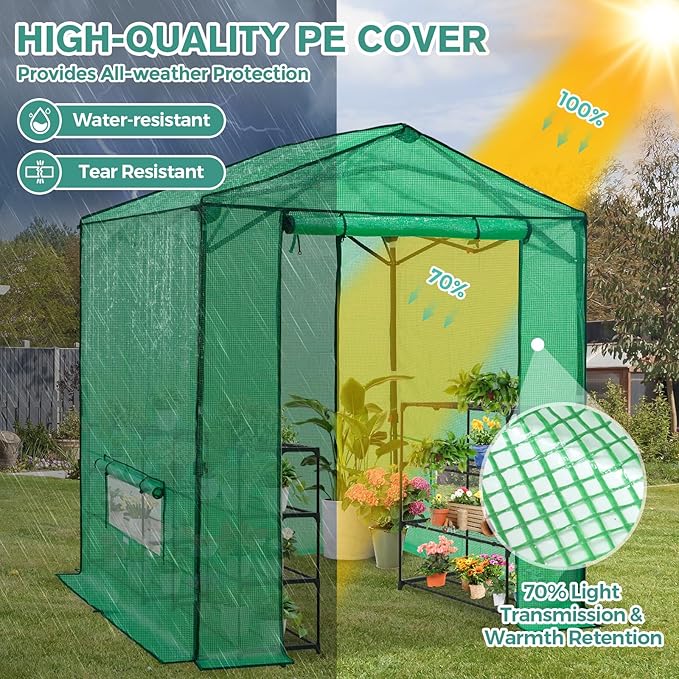COOS BAY 6x6 FT Portable Walk-in Greenhouse, Pop up Outdoor Green House with Power Access Openings, Zippered Doors & Windows, Durable PE Cover, Green