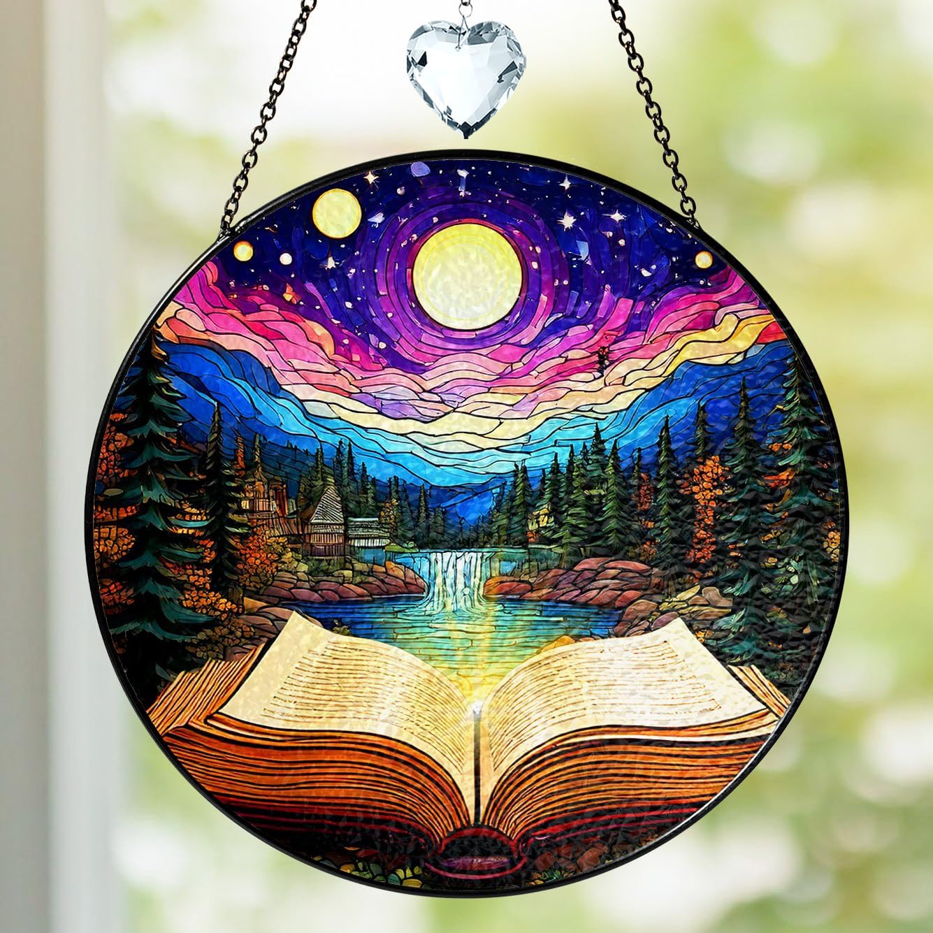 Book Stained Glass Suncatcher, Night Court Nature-Inspired Art Window Hanging, Bookaholic Ornament Crystal Glass Panel Bookish Gift for Fantasy Book Lovers Readers Writers Teachers ART-22E-SG