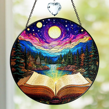 Book Stained Glass Suncatcher, Night Court Nature-Inspired Art Window Hanging, Bookaholic Ornament Crystal Glass Panel Bookish Gift for Fantasy Book Lovers Readers Writers Teachers ART-22E-SG