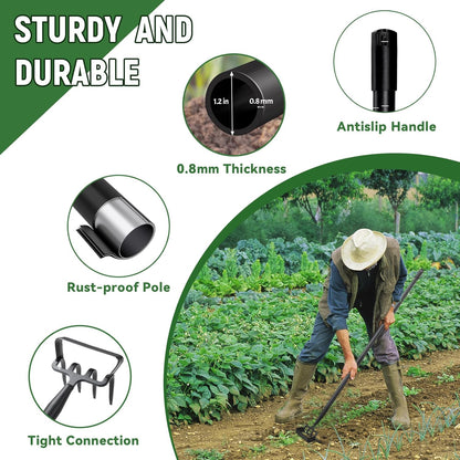 Stirrup Hoe, Heavy Duty Hula Hoe with 32-72" Adjustable Long Handle, 2 in 1 Action Hoe with Cultivator Rake, Scuffle Hoe, Hula Hoe Garden Tool for Weeding Grass, Loosening Soil, Sharp Blade, Black