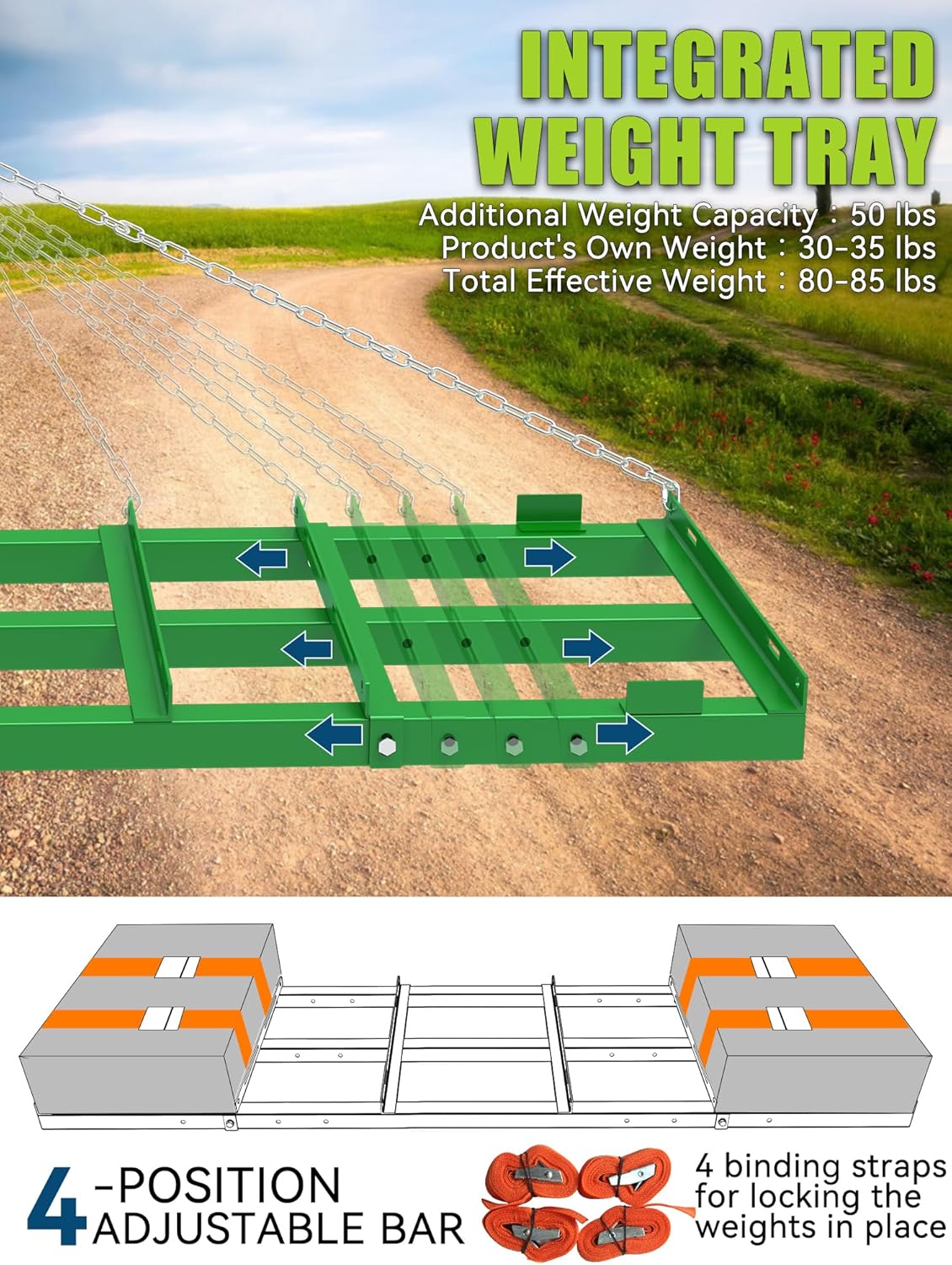 4ft Heavy Duty Drag Harrow for ATV, UTV, Tractor - Adjustable Tow Behind Leveling Rake with Weight Tray for Driveway Grader, Lawn, Field, Pasture, Food Plot Maintenance, Green(48 inch)