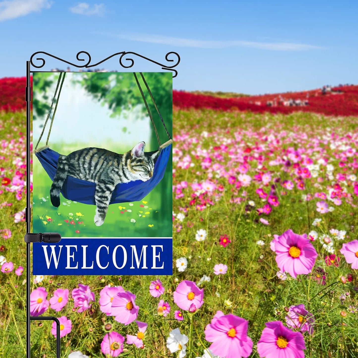 Welcome cat garden flags for outside 28x40，seasonal flags with cats double sided house flags, spring House Yard Lawn Decor Holiday Funny Garden Yard Decoration