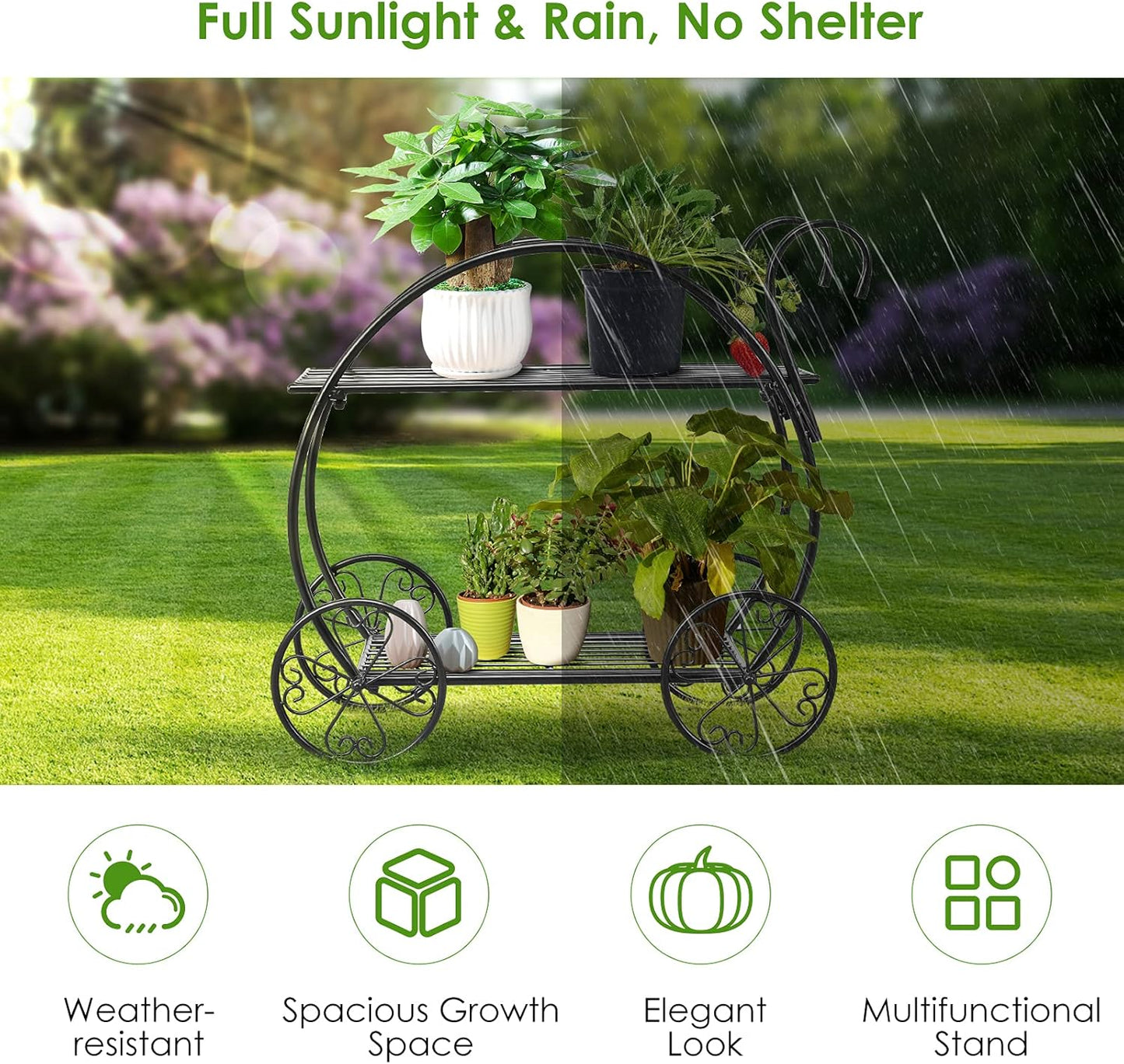 S AFSTAR Metal Plant Stand, Two Tiered Garden Cart Shelf for Indoor Outdoor Home Garden Patio, Parisian Style Flower Pot Holder, Stable and Durable