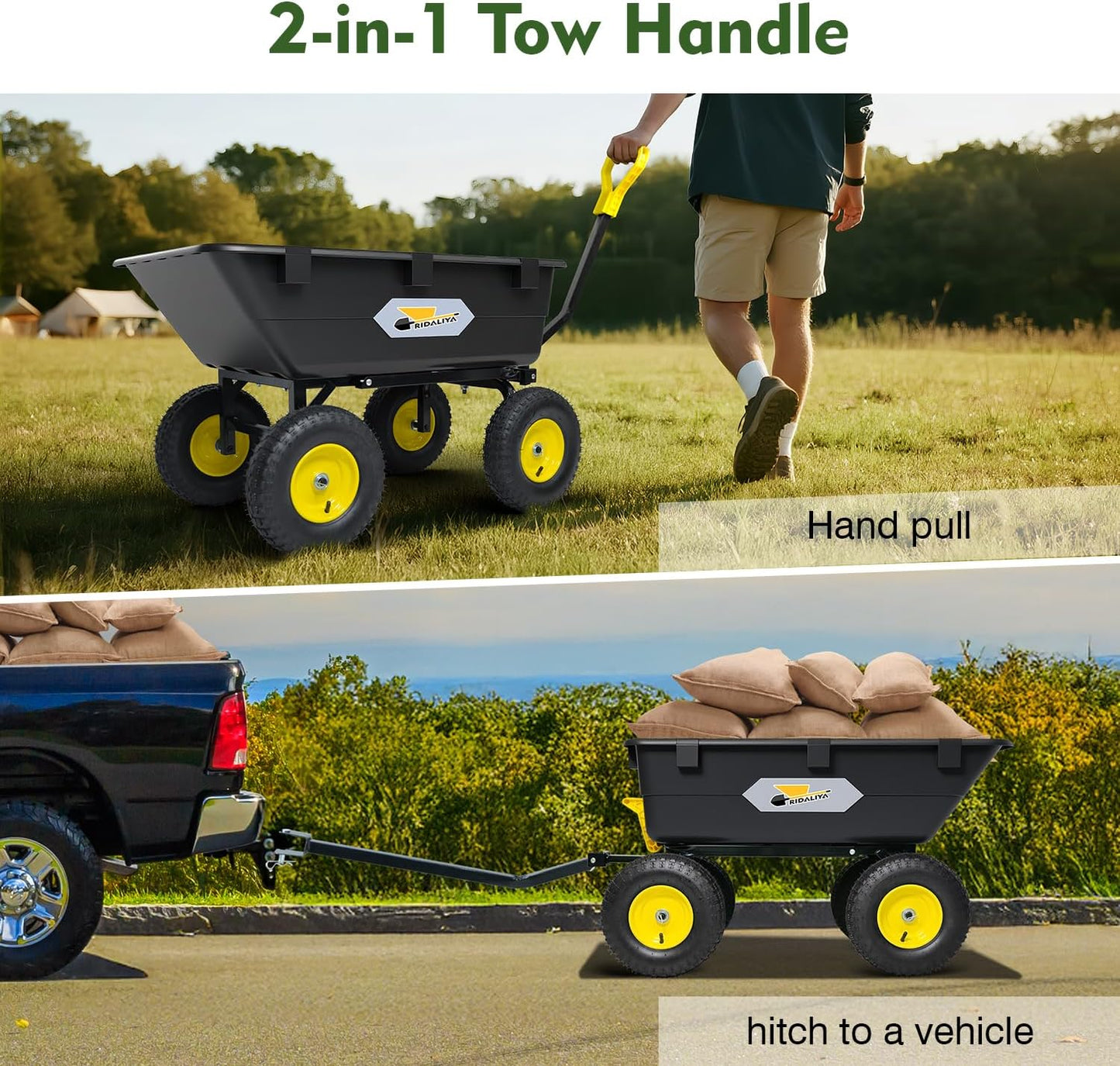 Garden Dump Cart, Heavy-Duty Utility Wagon with 1200 lbs Capacity, 6 Cu Ft Bed, 12.6" Pneumatic Tires, 180° Pivot Steering for Yard, Lawn, and Beach Use