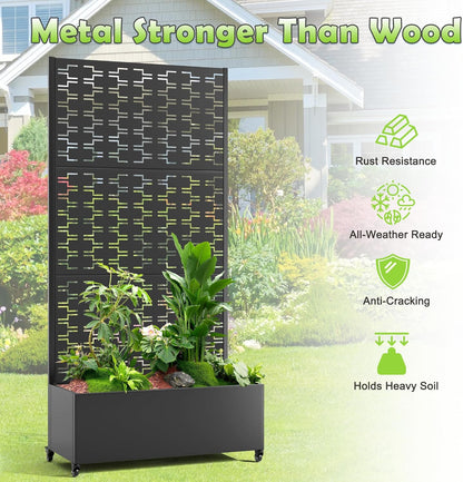 15.7"×70.9"×35.4" Metal Raised Garden Bed with Trellis and Wheels - Tall Trellis Planter Box for Climbing Plants, Vegetables & Vines - Outdoor Privacy Planters for Patio (Black-Brick)