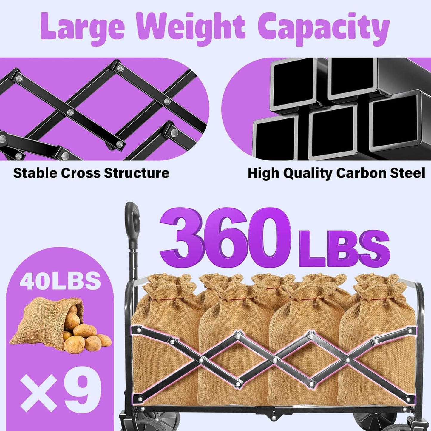 Collapsible Foldable Wagon Cart,360Lbs Collapsible Wagon Cart with Wheels Portable,Outdoor Utility Carts for Groceries, Camping, Sports, Garden, Shopping