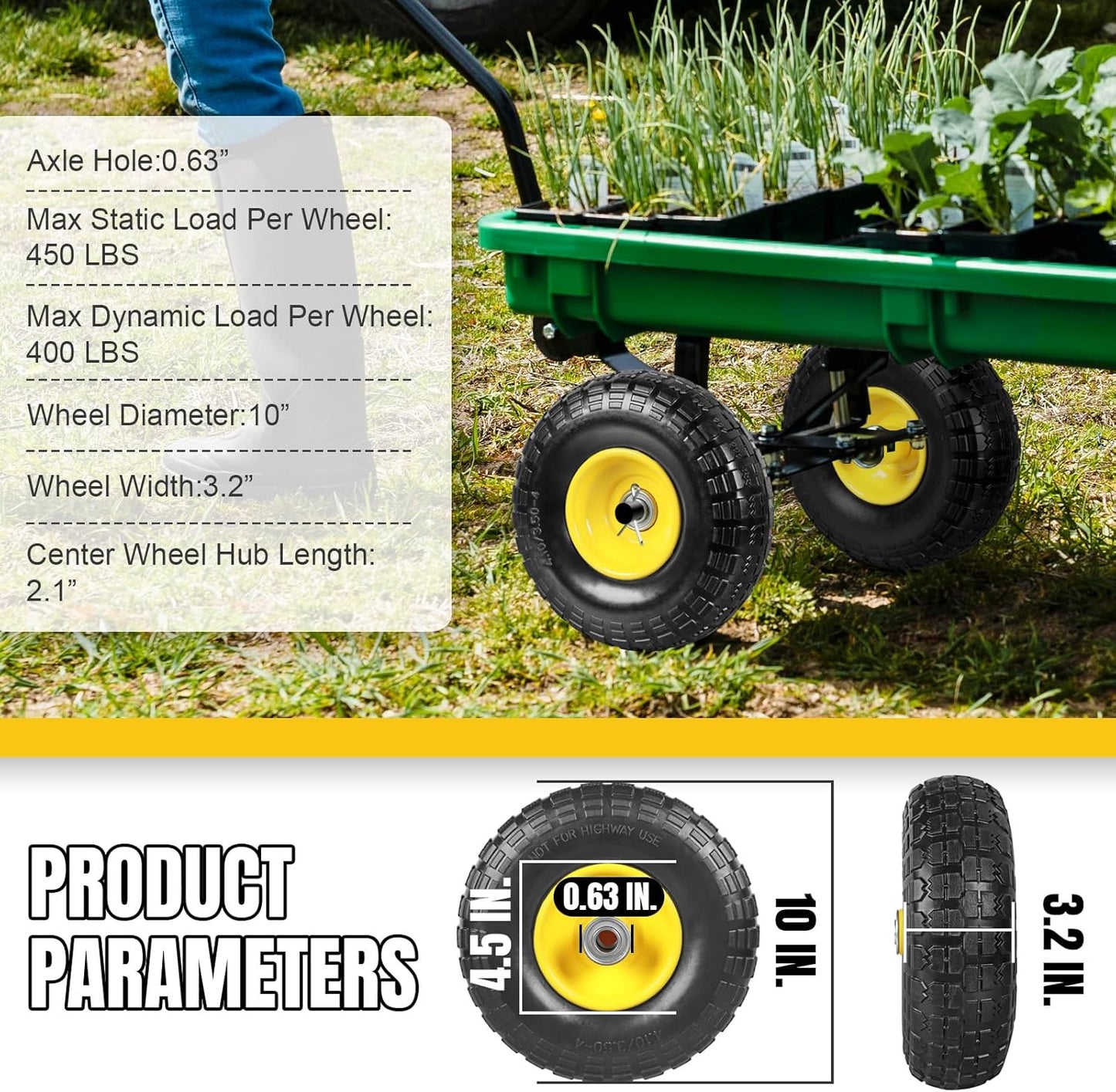 10 Inch Soild Rubber Dolly Tire Wheels, 4.10/3.50-4" Tire and Wheel Flat Free for Garden Carts, 5/8" Bearings,2.1"Offset Hub for Hand Truck, Gorilla Cart, Wheelbarrow Metal (4 Packs)
