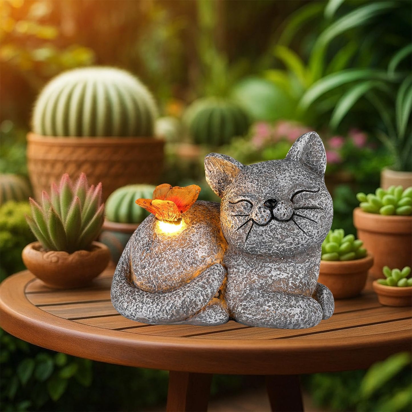 Solar Cat Garden Statue with Butterfly Light – 5-Inch Outdoor Resin Figurine for Yard, Patio, Balcony – Gifts for Women, Garden Decor Accent (Cat)