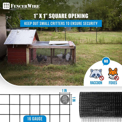 Fencer Wire Hardware Cloth with 1-Inch Grid, 16 Gauge Black Vinyl Coated Welded Fence Mesh Roll for Home and Garden Fence and Pet Enclosures Protect (24 Inch x 50 ft.)
