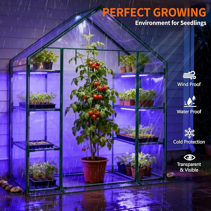 Indoor Greenhouse with Grow Light, 4-Tier Mini Greenhouse 56.3"x28.7"x76.8" Small Greenhouse with Zippered PVC Cover for Seed Starting Trays, Dimmable Plant Light for Indoor Plants with Timer