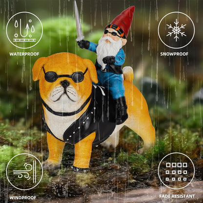 Garden Gnome Statue Holding Sword Outdoor, Funny Garden Gnome Riding Dog Statue Decoration Lawn Figurines for Home Patio Yard Garden Decor Indoor Outdoor, Housewarming Garden Gift