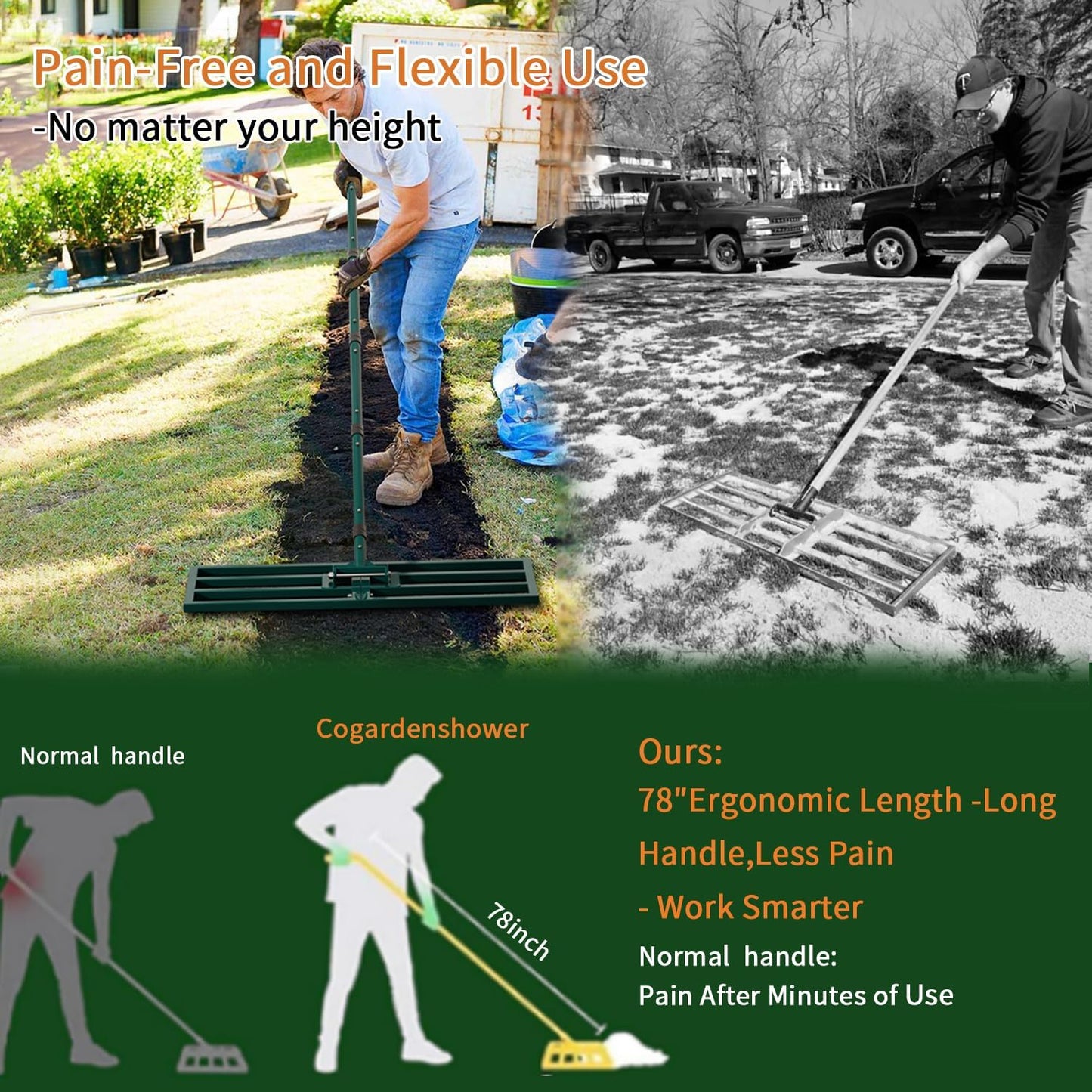 Lawn Leveling Rake Heavy Duty Stainless Steel Lawn Leveling Tool 30”x10” with 78” Adjustable Long Handle Leveling Rake for Soil,Ground,Backyard,Golf Field,Garden Tools Grass Seed Landscaping