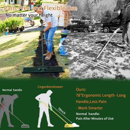 Lawn Leveling Rake Heavy Duty Stainless Steel Lawn Leveling Tool 30”x10” with 78” Adjustable Long Handle Leveling Rake for Soil,Ground,Backyard,Golf Field,Garden Tools Grass Seed Landscaping