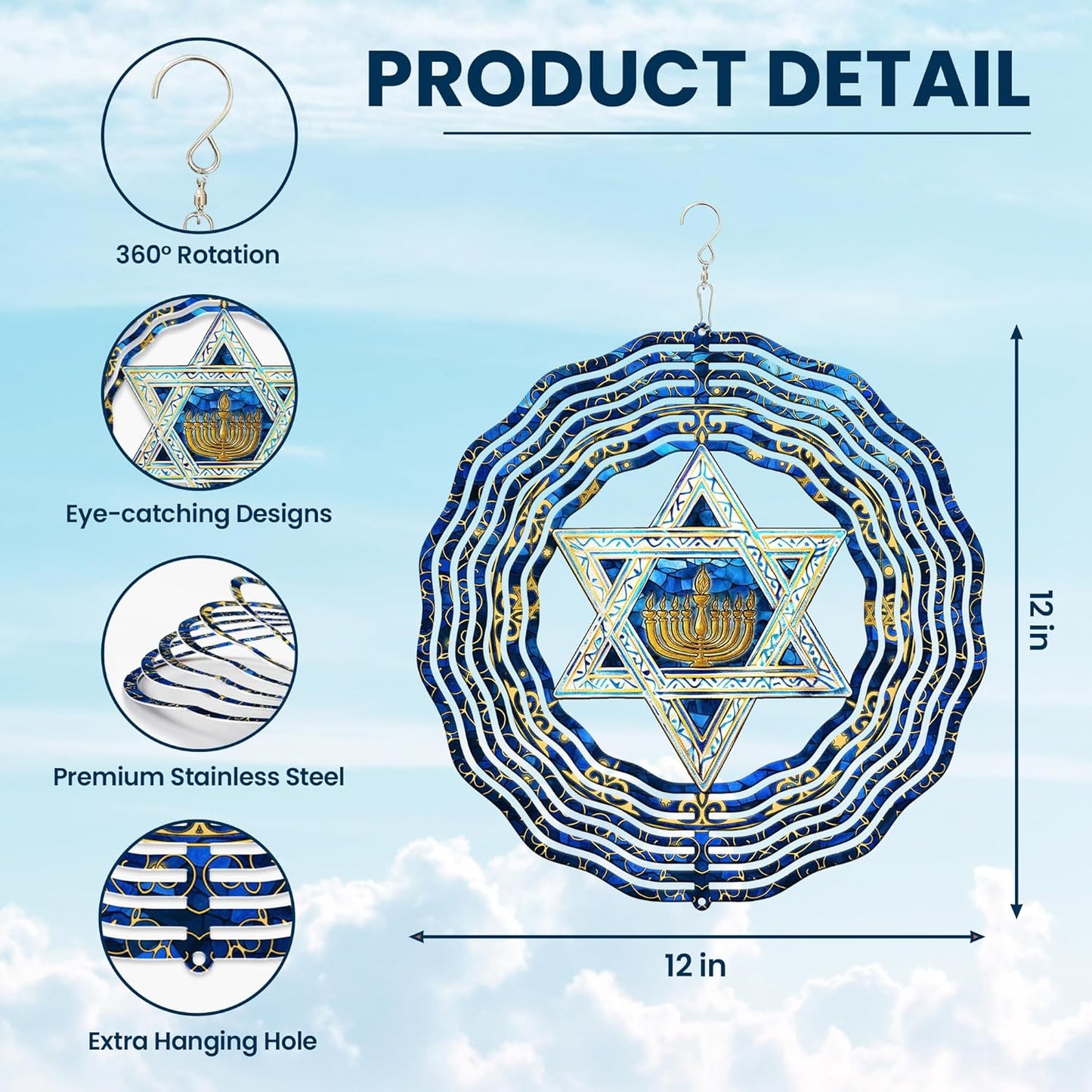 FLAGWIX Christmas Hanukkah Gifts for Women Men - Star of David 3D Stainless Steel Wind Spinners Outdoor 12in- Christmas Hanukkah Decorations, Hanging Wind Spinners Garden Decor, Religious Jewish Gifts