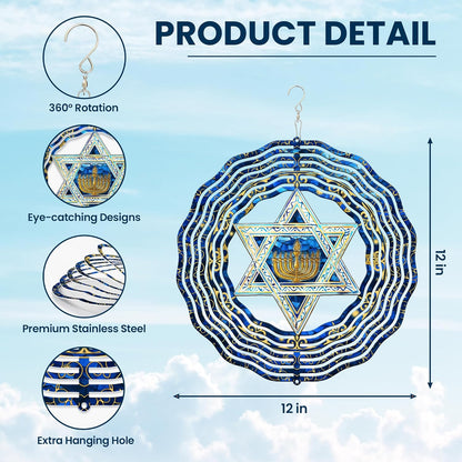 FLAGWIX Christmas Hanukkah Gifts for Women Men - Star of David 3D Stainless Steel Wind Spinners Outdoor 12in- Christmas Hanukkah Decorations, Hanging Wind Spinners Garden Decor, Religious Jewish Gifts