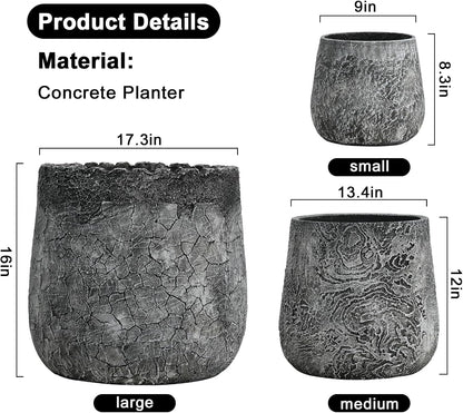 Craft flowerpots 18"+13"+9" Dia Round Concrete Planter Set of 3 Large Outdoor/Indoor Planter Pots Containers with Drainage Holes and Rubber Plug for Home Garden (Dark Gray, Large)