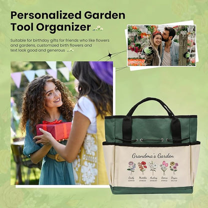 Personalized Garden Tools Set for Women: Custom Text Garden Tool Bag and Garden Shovel & Transplant Shovel & Hand Rake - Gardening Gifts for Mom Grandma Gardening Lover (5 Flowers)