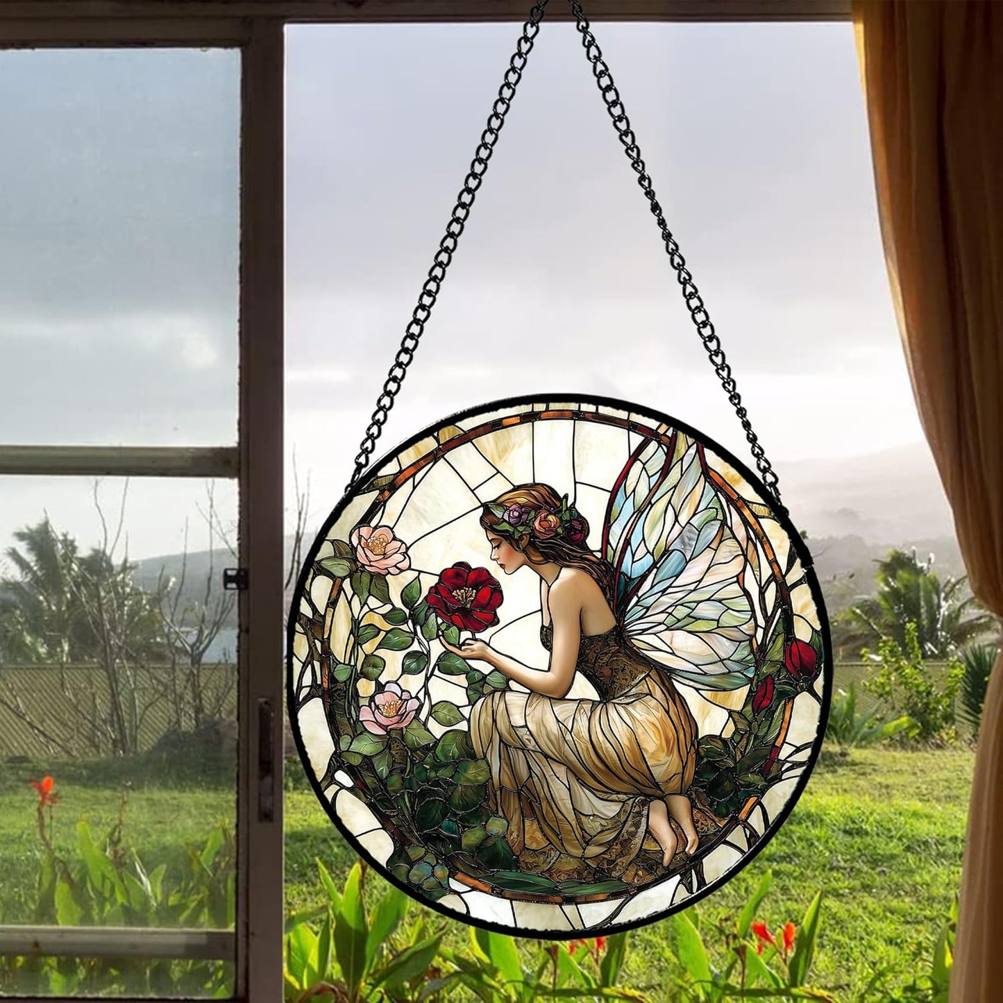 Stained Glass Window Hanging - Butterfly Flower Fairy Suncatcher for Door Terrace Garden Home Decor Yellow Green Plants Sun Catcher Birthday Gifts for Lovers Women Men Dad Mom Nana 11.8 in