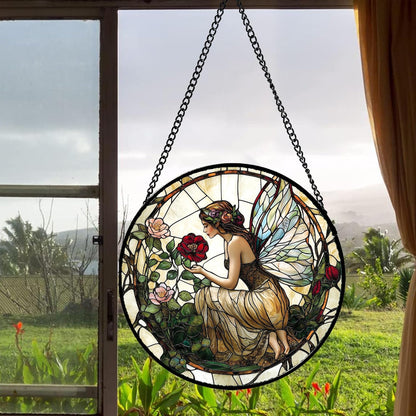 Stained Glass Window Hanging - Butterfly Flower Fairy Suncatcher for Door Terrace Garden Home Decor Yellow Green Plants Sun Catcher Birthday Gifts for Lovers Women Men Dad Mom Nana 7.8 in