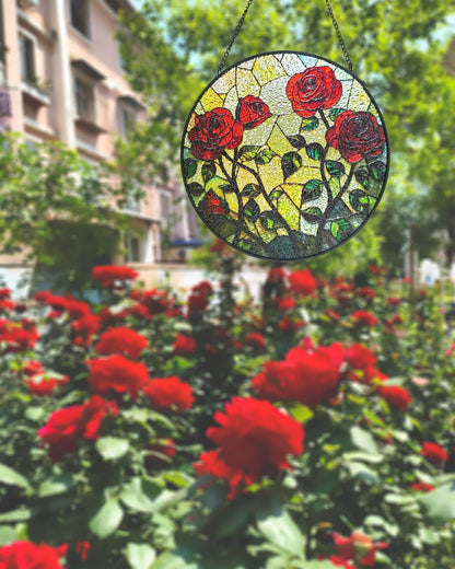 Floral Stained Glass Window Hanging - Rose Design Handmade Suncatcher, Luyseyha 8 Inch Sun Catcher for Windows, Home, Garden, Office, Christian Gift