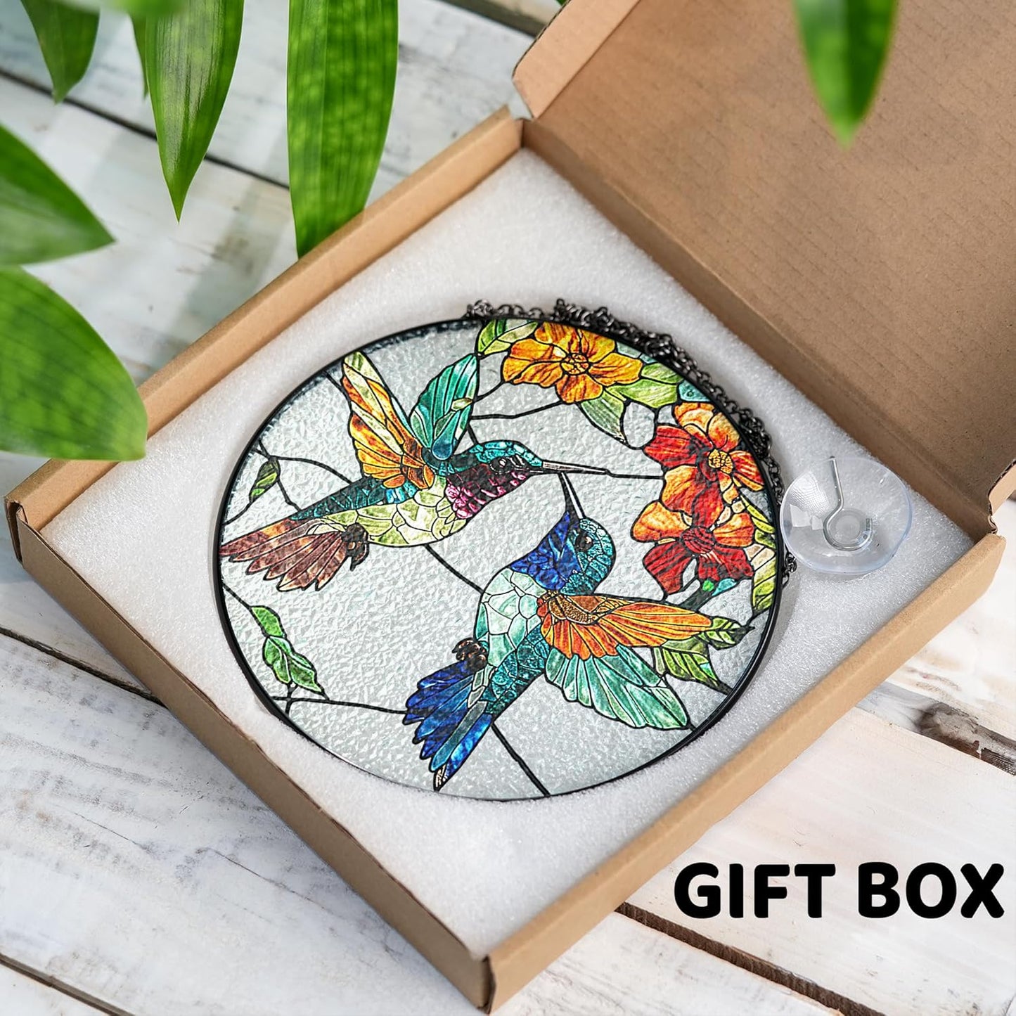 6" Hummingbirds Stained Glass Suncatchers Art Glass Birds for Sun Catcher Indoor Window Gifts for Pet Animal Nature Floral Lovers Women Grandma Mom Friend Painted Panel Décor BIRD-06B-SG6