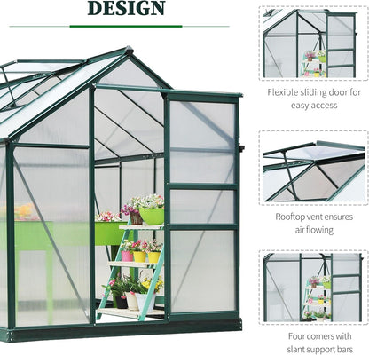 Outsunny 6' x 8' Greenhouse for Outdoors, Polycarbonate Greenhouse with Rain Gutter and Roof Vent, Aluminum Walk-in Green Houses for Outside for Patio Backyard Garden, Dark Green