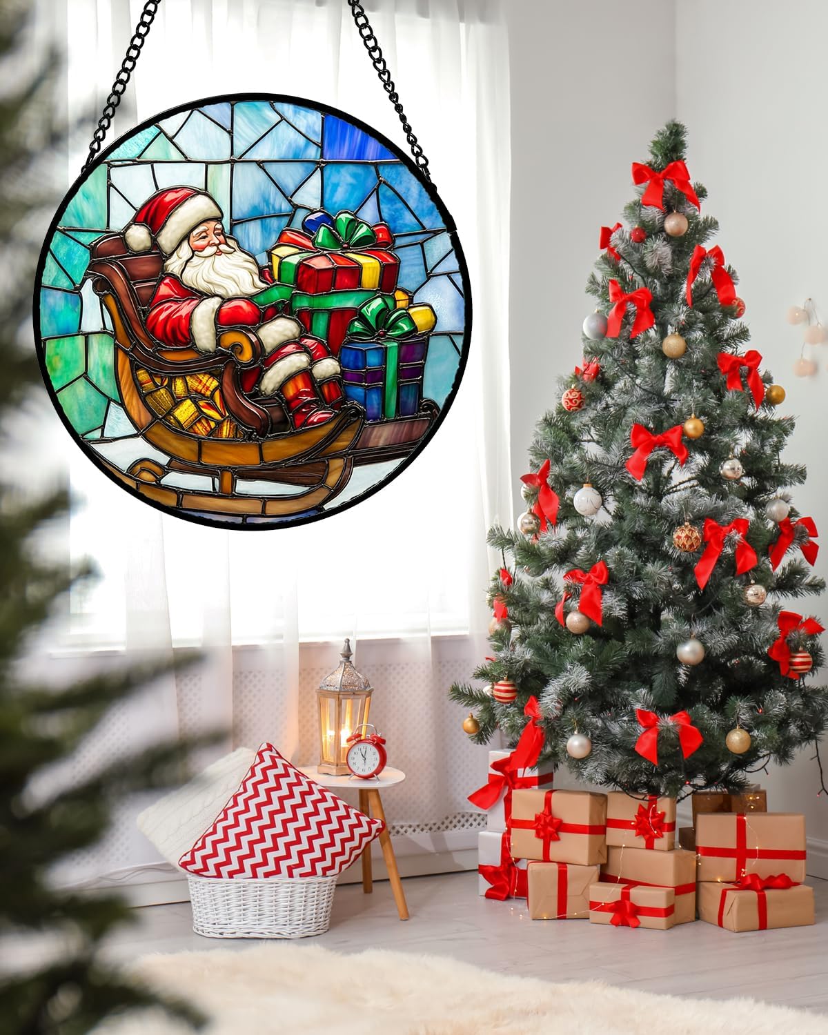 Stained Glass Window Hanging - Santa Claus Gift BoxSuncatcher for Doors Home Christmas Decoration Winter Sun Catcher Thanksgiving New Year Birthday Gift for Women Men Mom Nana 7.8 in