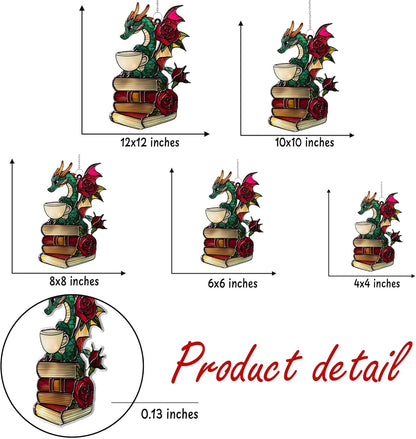 Dragon Tea Book Bookish Acrylic Suncatcher Stained Glass Effect Window Car Hanging Christmas Ornament Indoor Outdoor Decor Garden Bookworm Sun Catcher Book Lover for Women Mom Grandma