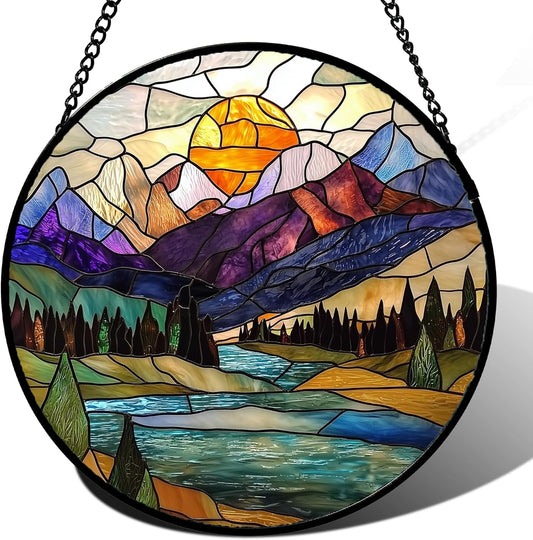 Stained Glass Window Hanging, Blue Lake Golden Sun Abstract Mountains Landscape Suncatcher for