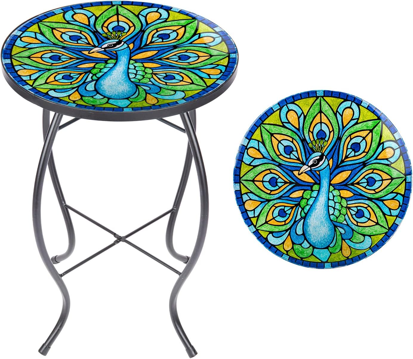 MUMTOP Outdoor Side Table - Small Mosaic Patio Tables, 14” Round Accent End Coffee Glass Plant Stand for Garden Living Room(Peacock)