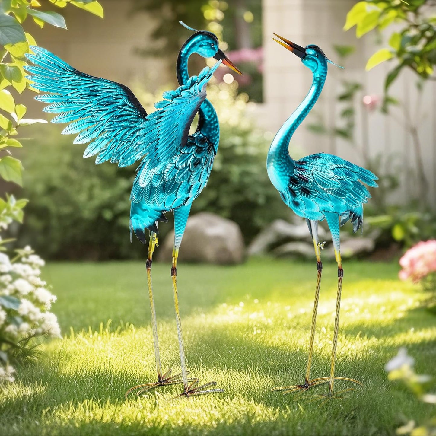 36.75" Metal Crane Garden Statue, Handcrafted Oversized Blue Heron Decor Sculptures with Stable U-Ground Stakes, Backyard Decoration, Metal Garden Bird Animal Yard Art, Lawn Ornament Decor