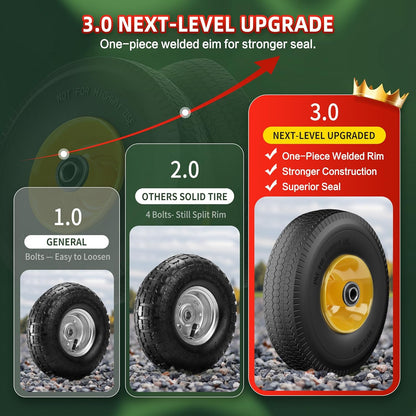 4.10/3.50-4 Tire and Wheel Flat Free,10-Inch Solid Wheel Replacement with 5/8 Extra 3/4 &1/2 Bearings,2.2" Offset Hub -Compatible with Hand Truck,Wheelbarrow,Dolly(Wave,Yellow)