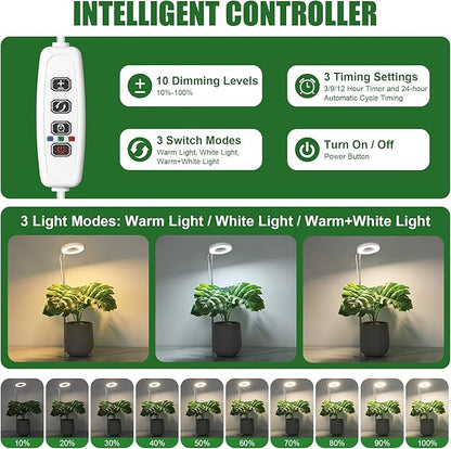 3.54" White Grow Light, Full Spectrum Plant Lights for Indoor Growing with 3/9/12H Timer, 3 Color Modes, 10 Brightness, 6.6"-24.8" Height Adjustable，Small Halo Grow Light with Base, 2 Pack