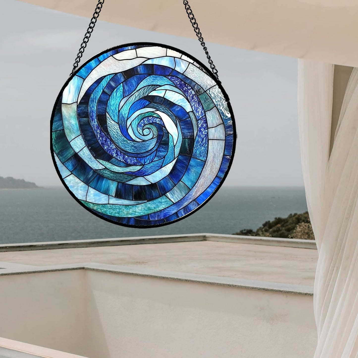 Stained Glass Window Hanging - Blue Abstract Swirl Suncatcher for Doors Garden Patio Unique Sun Catchers Decor Christmas Mother's Day Birthday Gifts for Women Men Mom Nana Friend 9.8 in