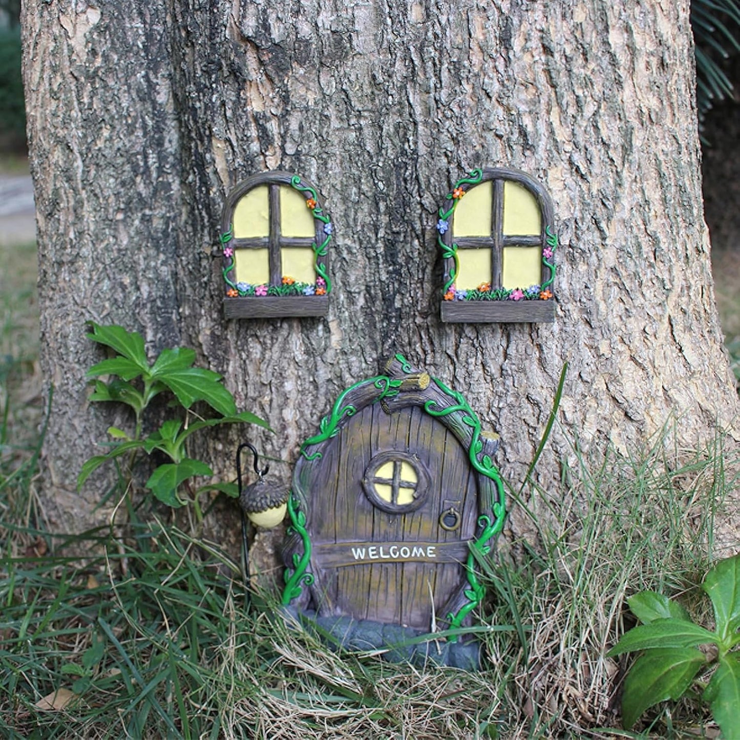 Fairy Door and Windows Garden Kit Accessories Outdoor, Glow in Dark Gnome House for Tree, Lawn Yard Art Sculpture, Miniature Garden Decor (Gnome)
