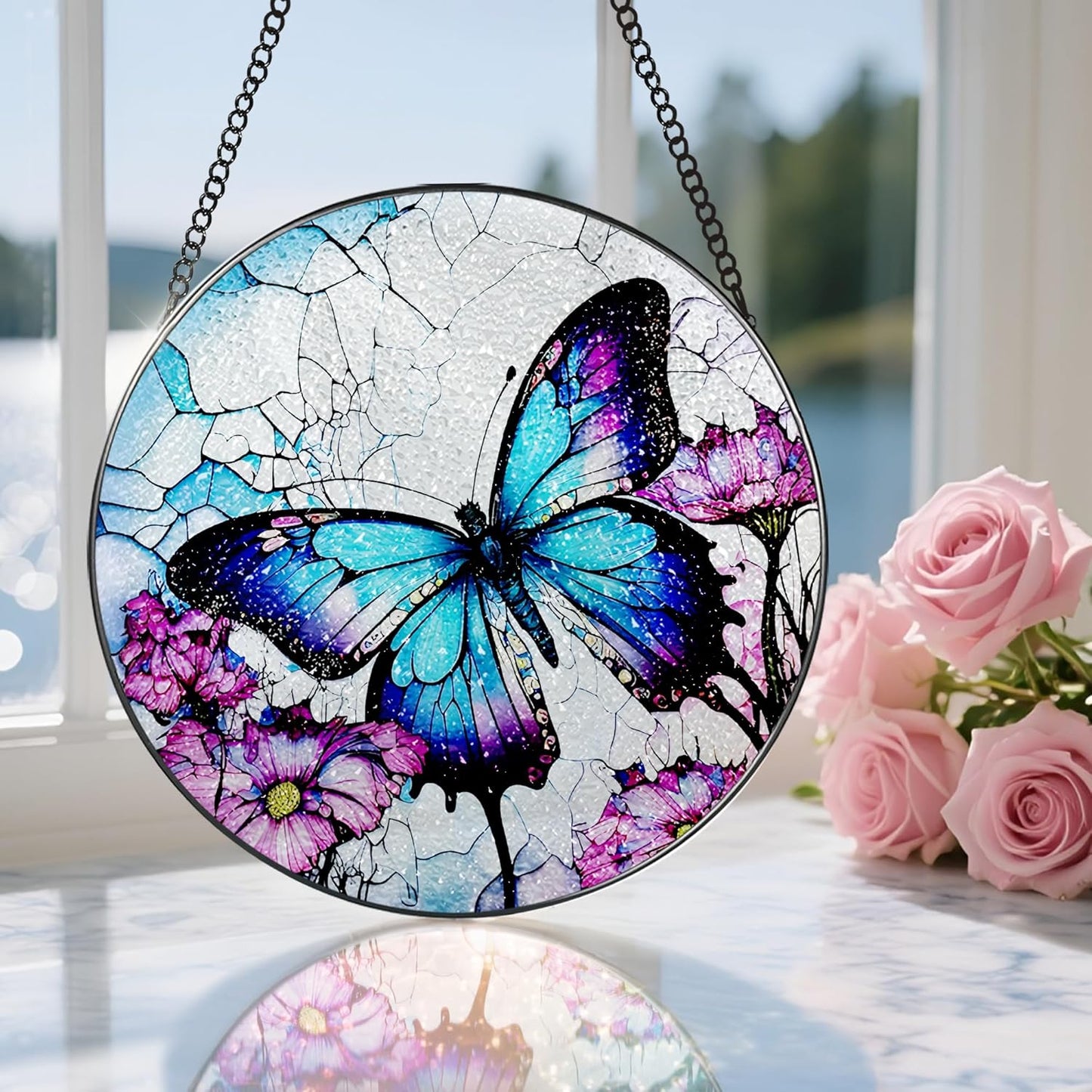 8 Inch Stained Glass Suncatcher Ornament, DOUHASU Butterfly Sun Catchers Indoor Window, Stained Glass Window Hanging, Home Decor, Butterfly Lovers Gifts for Her, Women, Mom, Grandma, Friend