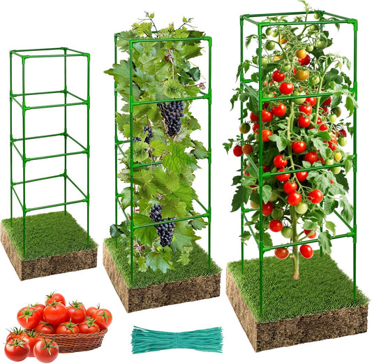Halatool Tomato Cage for Garden 3 Pack, Square Heavy Duty Adjustable Tomatoes Cages Trellis Stakes Plant Supports for Pots Climbing Plants Vegetables Flowers Fruits Cucumber (47inch Tall, Extra-Bold)