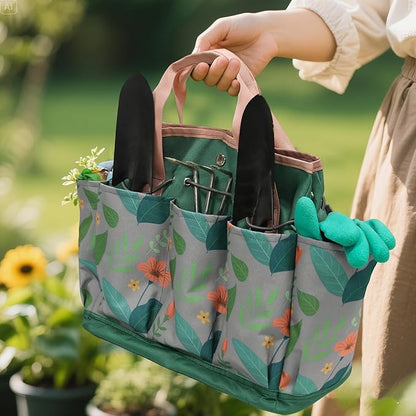 Garden Tool Bag, Portable Garden Tote Bag with Handle, Oxford Garden Tool Organizer Bag, Ideal Gardening Gifts for Wife and Parents, Tools Not Included(Orange Flower)