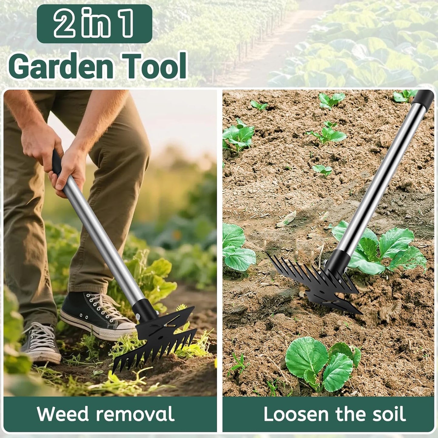 Weed Puller Tool with Long Handle, 11 Tooth Weed Remover Tool, 2 in 1 Weed Rake and Garden Hoe for Weeding, Weeder Tool with Detachable Handle, Uprooting Weeding Tool for Yard, Lawn, Patio,Garden