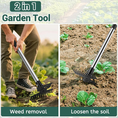 Weed Puller Tool with Long Handle, 11 Tooth Weed Remover Tool, 2 in 1 Weed Rake and Garden Hoe for Weeding, Weeder Tool with Detachable Handle, Uprooting Weeding Tool for Yard, Lawn, Patio,Garden