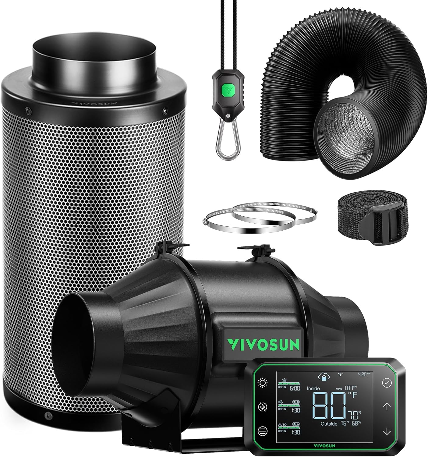 VIVOSUN Smart Air Filtration PRO T4 Kit 4", AeroZesh T4 Inline Duct Fan w/GrowHub E42A Temp. Humidity WiFi-Controller, Carbon Filter & Ducting, Cooling & Ventilation System for Grow Tent, Hydroponics