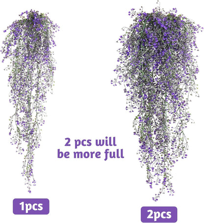 RECUTMS Artificial Vine Plants 2 Pack Fake Hanging Flower Plants Faux Ivy Vine Leaves Plastic Baby Breath Greenery UV Resistant for Home Bedroom Wall Porch Garden Wedding Decor (Purple)