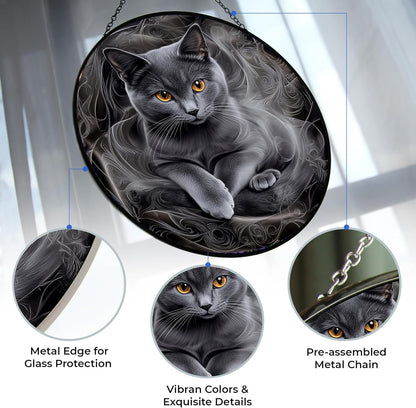 Easter Gray Cat Stained Glass Window Hanging Suncatcher, Suncatcher Stained Glass Christmas Halloween