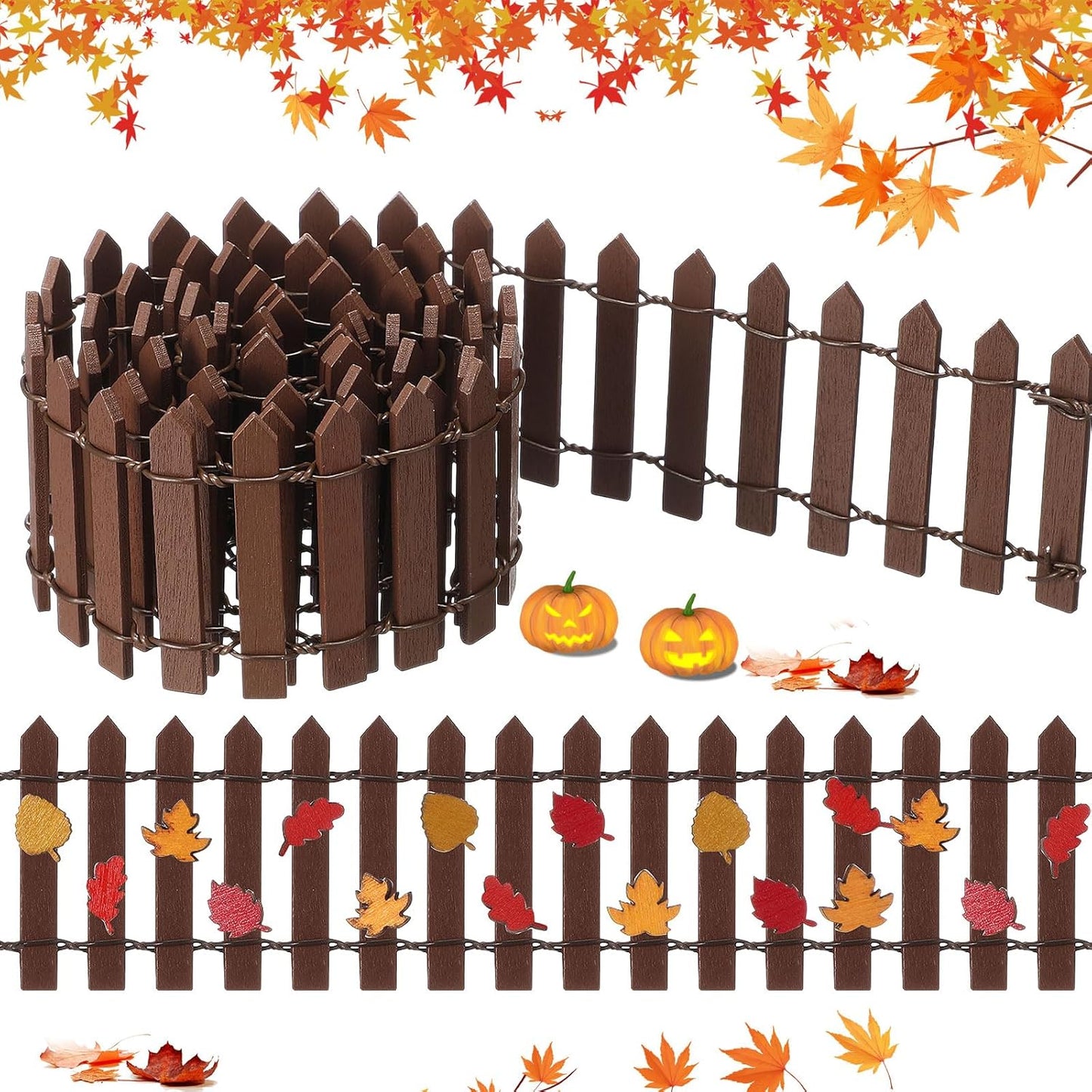 Thyle Thanksgiving DIY Mini Fairy Garden Fence Fall Wood Picket Crafts with 35 Inches Wood Picket Fence 100 Wooden Leaves and Glue for Autumn Centerpieces Thanksgiving Activity(Brown)