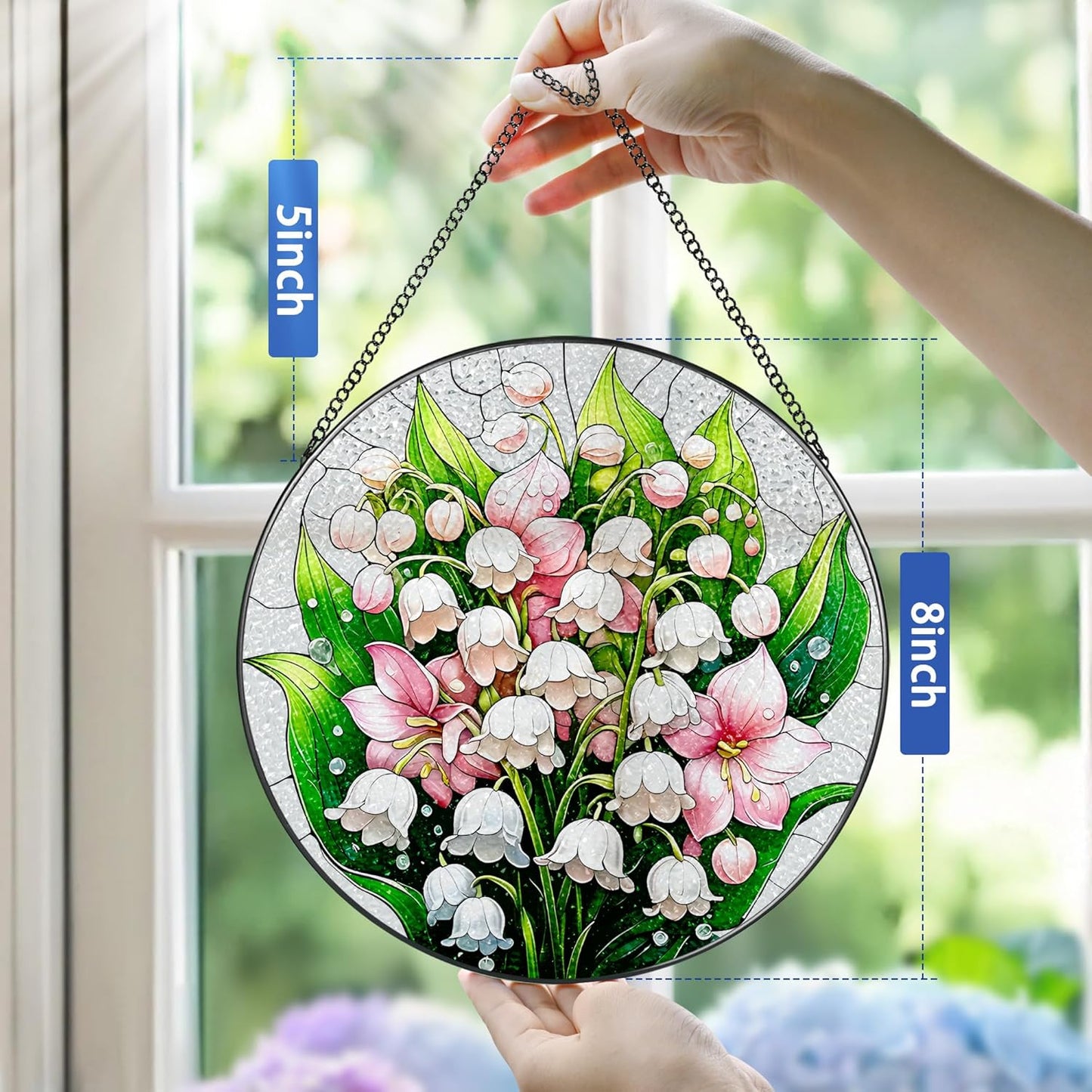8-Inch Stained Glass Ornament, Stained Glass Window Hanging, Window Hanging Decor Suncatcher, The Valley Lily Flower Ornament | Holiday, Mother's Day, Birthday | Gifts for Flower Lovers, Mom & Grandma